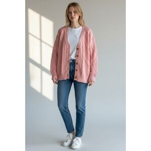 Dreamy Pastel Pink Cable Knit Cardigan Chunky Cottagecore Coquette Vintage Large